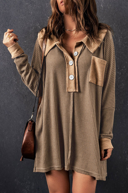 Brown Waffle Knit Buttoned Long Sleeve Top
