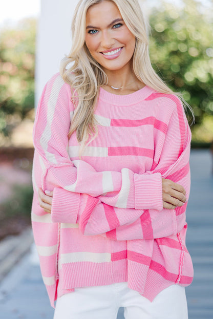 Pink Stripe Round Neck Ribbed Knit Exposed Seam Oversize Sweater