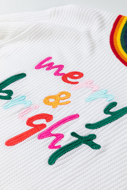 Festive White Stripes Trim Sweater with Merry & Bright Detail