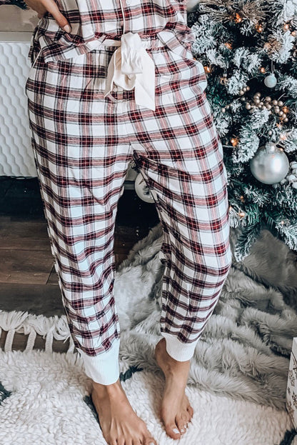Black Christmas Fashion Plaid Long Sleeve Shirt Contrast Drawstring Pants Set