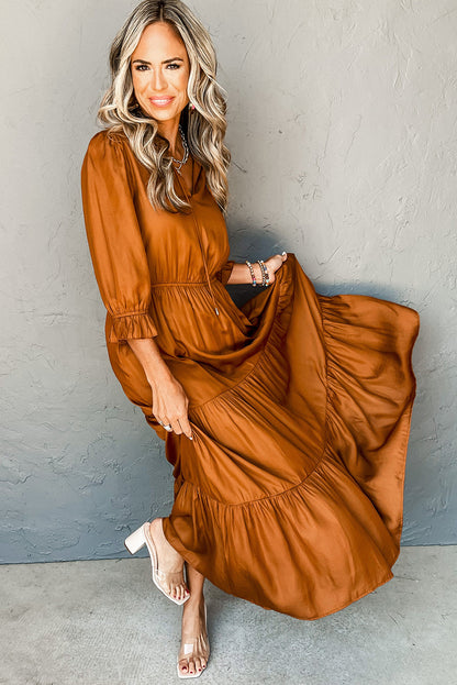 Gold Flame Flounce Bracelet Sleeve V Neck Tiered Maxi Dress