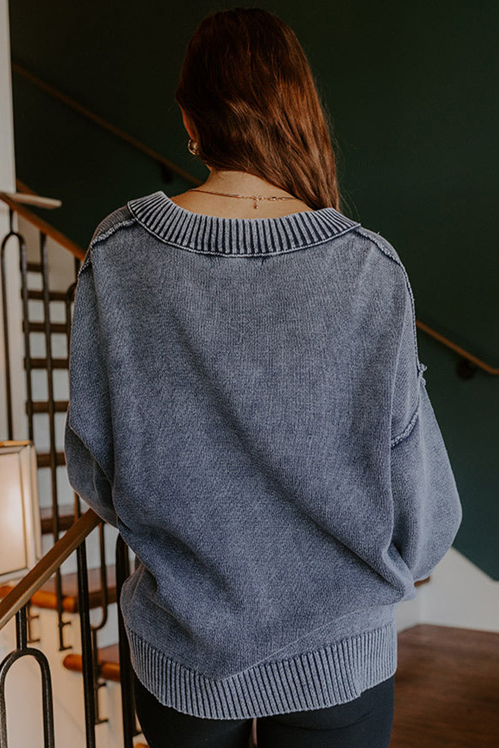 Navy Blue Mineral Wash V Neck Knit Exposed Seam Drop Shoulder Loose Sweater