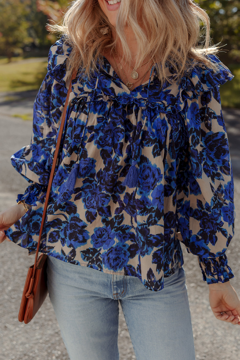 Blue Floral Print Tassel Tie Neck Ruffle Trim Long Puff Sleeve Blouse