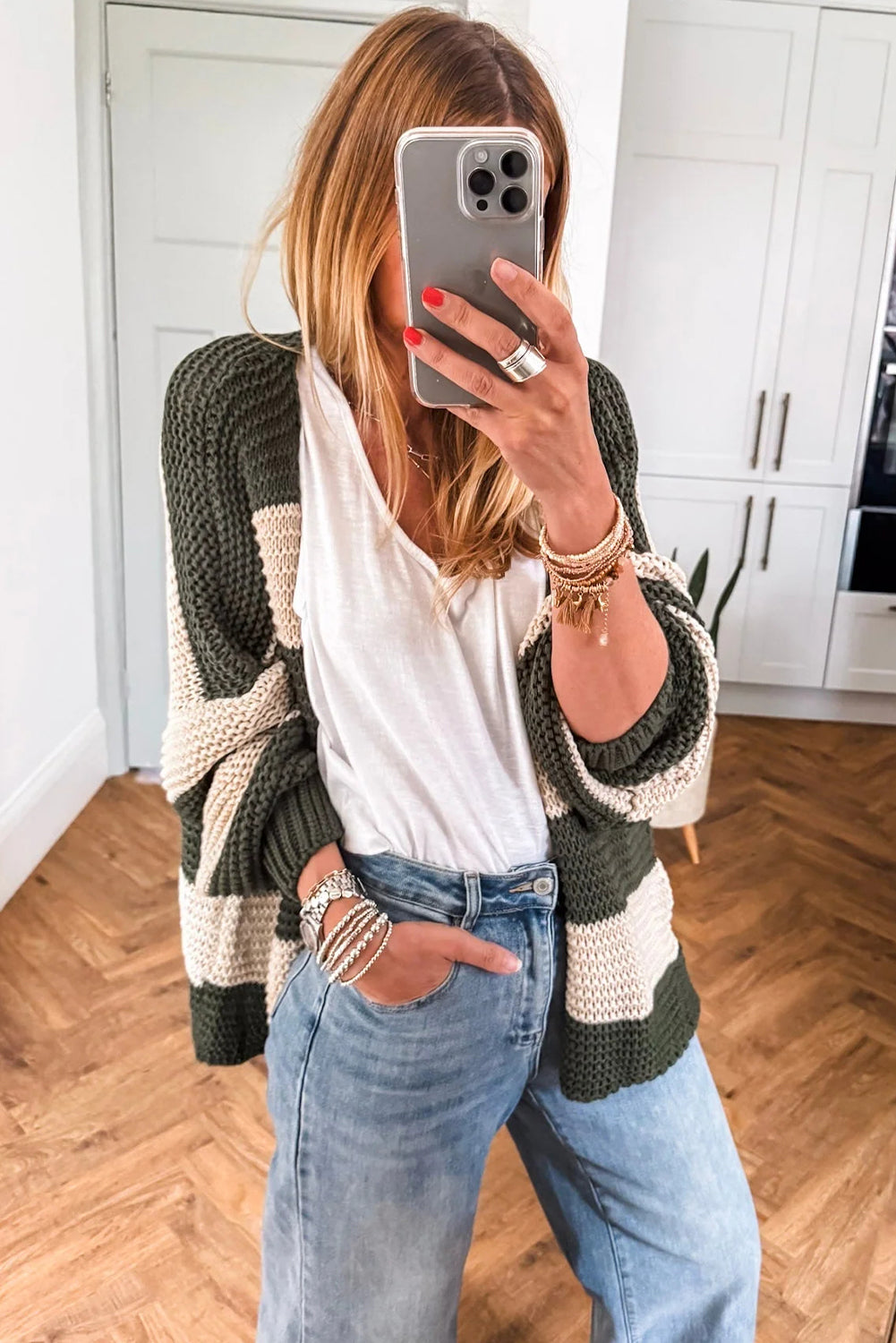 Green Stripe Drop Shoulder Open Slouchy Cardigan