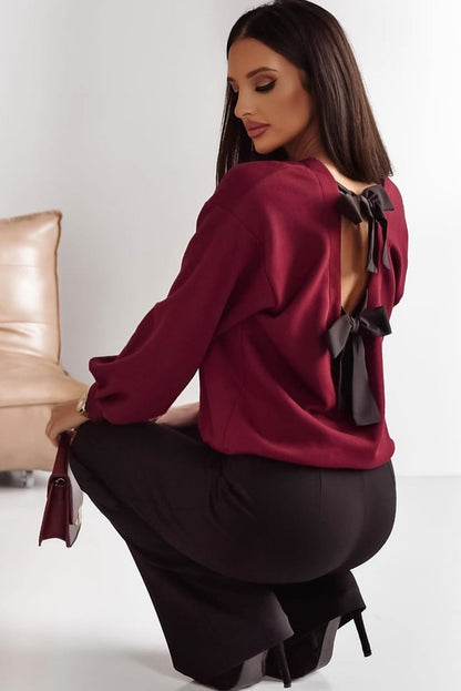 Burgundy Contrast Tied Hollow-out Back Drop Shoulder Round Neck Top