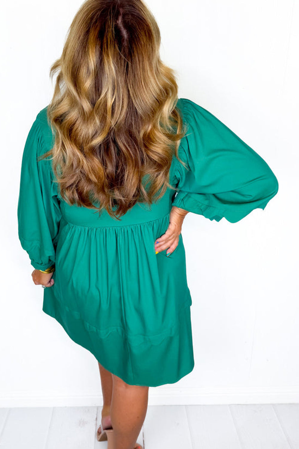 Sea Green Scalloped Trim Bracelet Sleeve High Waist Plus Size Mini Dress