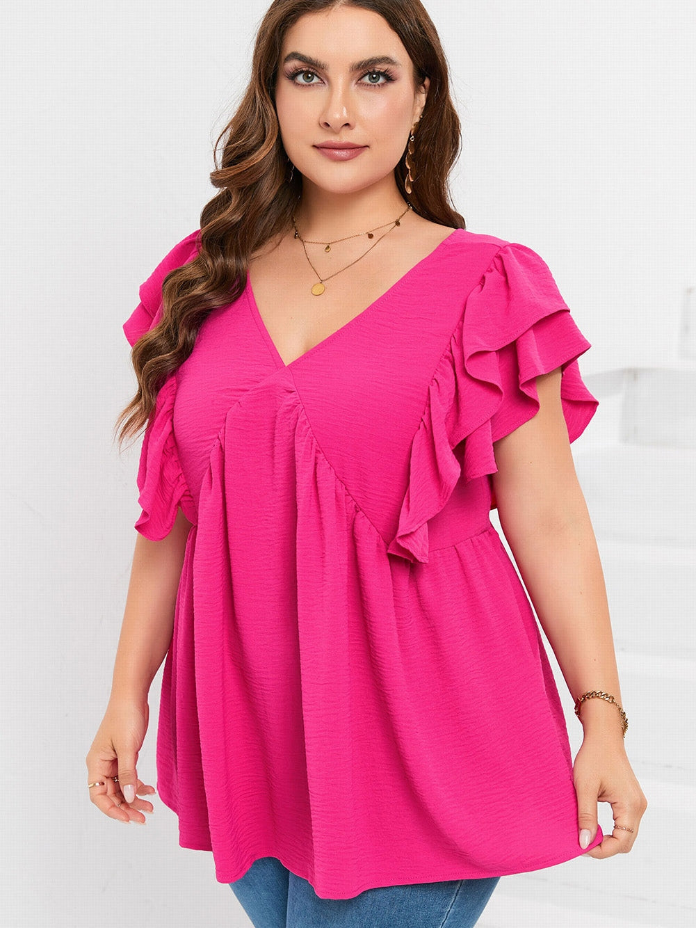Pretty in Pink V-Neck Ruffle Tunic Top with Tie Back