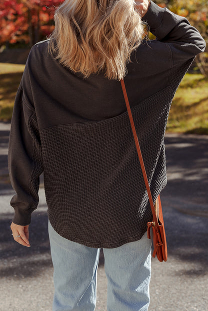 Carbon Grey Waffle Knit Patchwork Half Zipped Casual Sweatshirt
