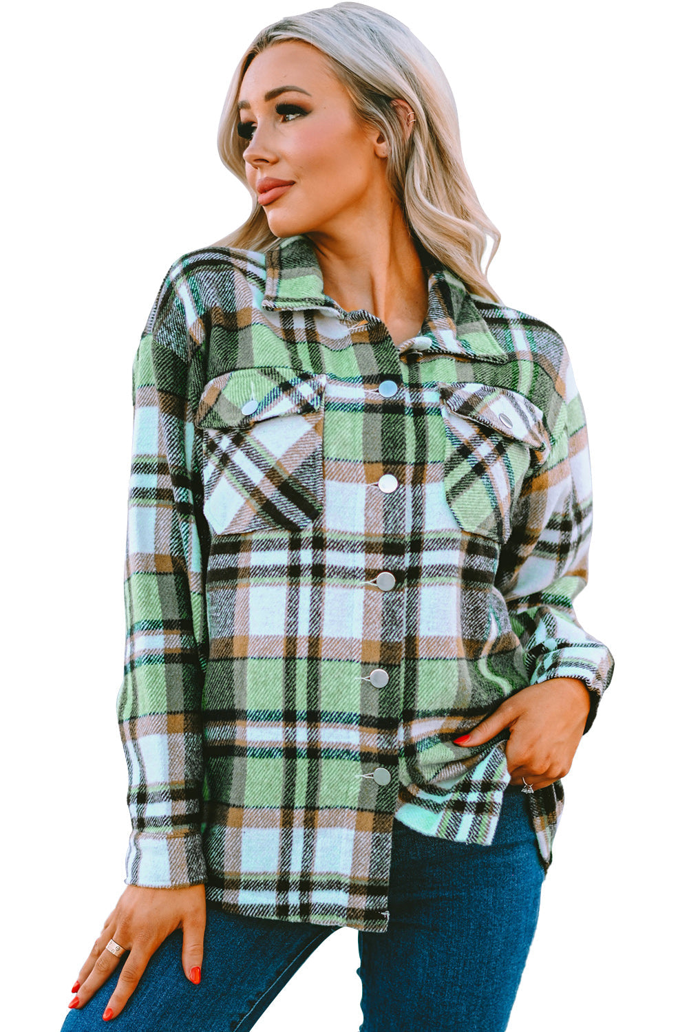 Green Plaid Print Shacket with Pockets