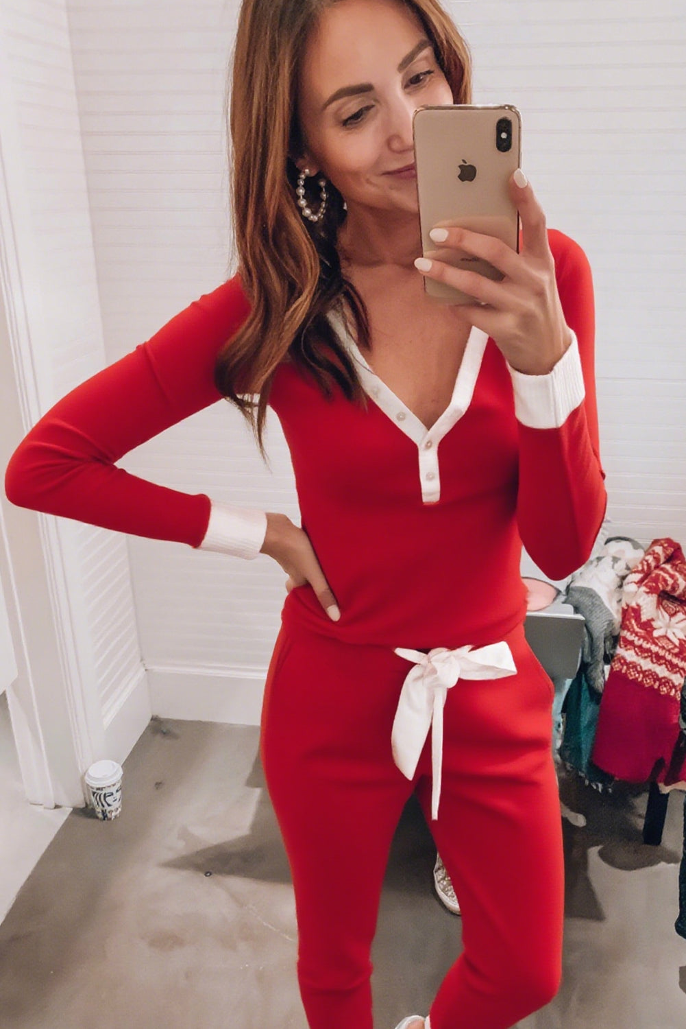 Fiery Red Contrast Trim Button V Nek Ribbon Bow Knot Waist 2pcs Lounge Pant Set