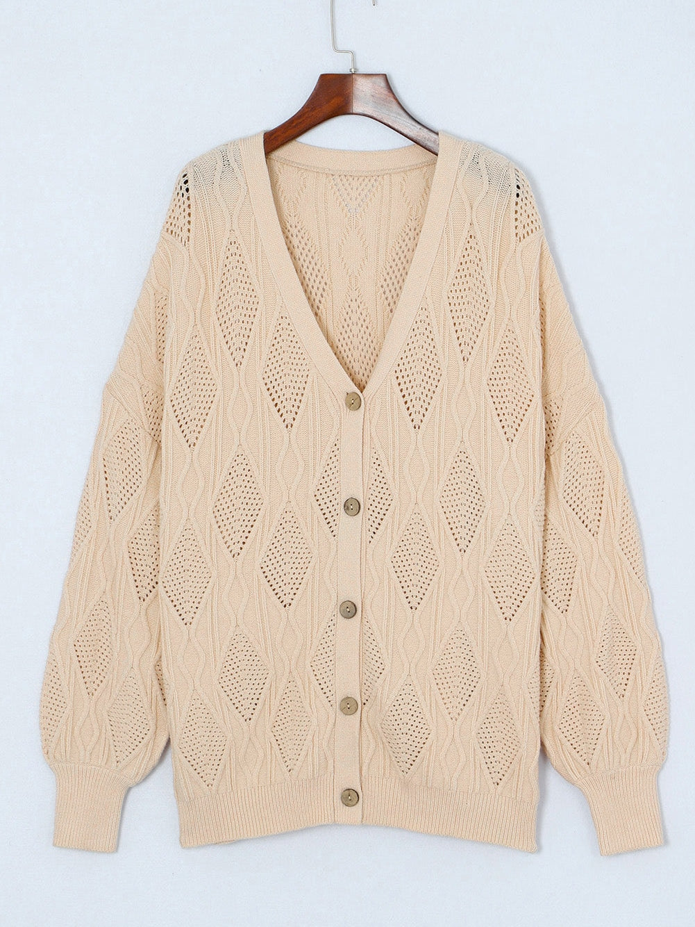 Elegant Apricot V-Neck Oversized Knit Cardigan with Button Detail