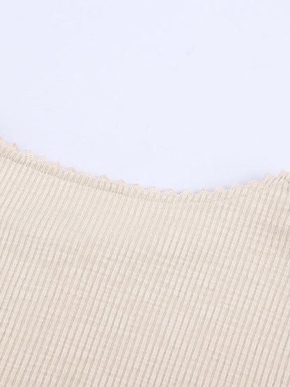 Beige Crochet Lace Sleeve Button Detail Top