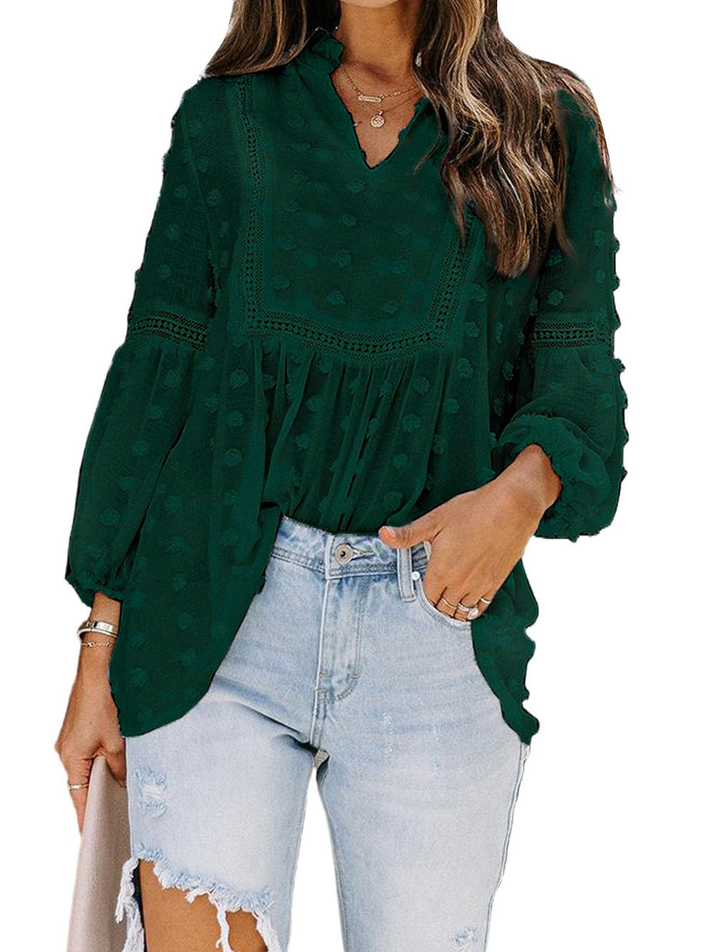 Green Polka Dot Lace Ruffle Split Neck Puff Sleeve Blouse