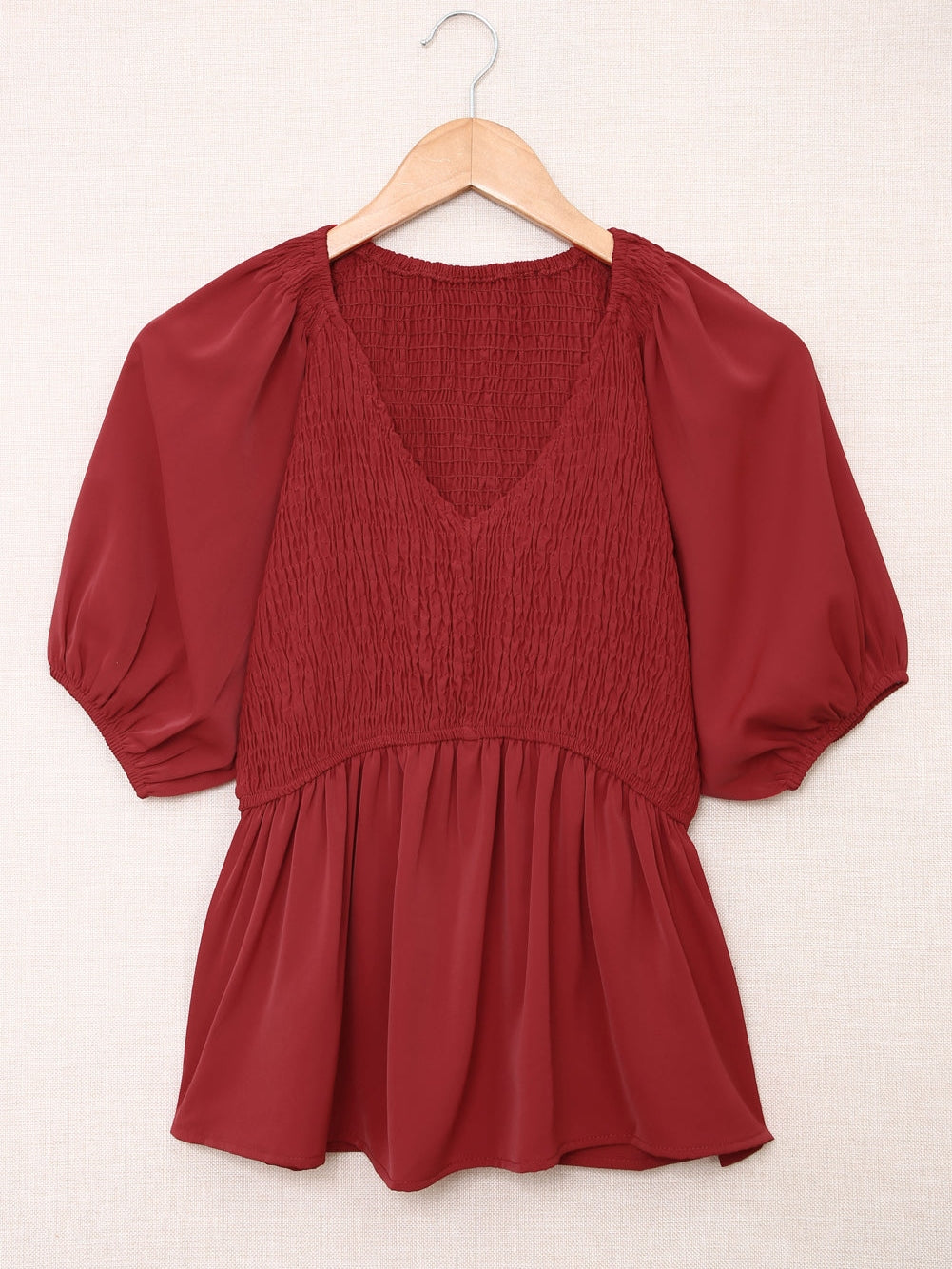 Fiery Crimson Smocked Peplum Blouse