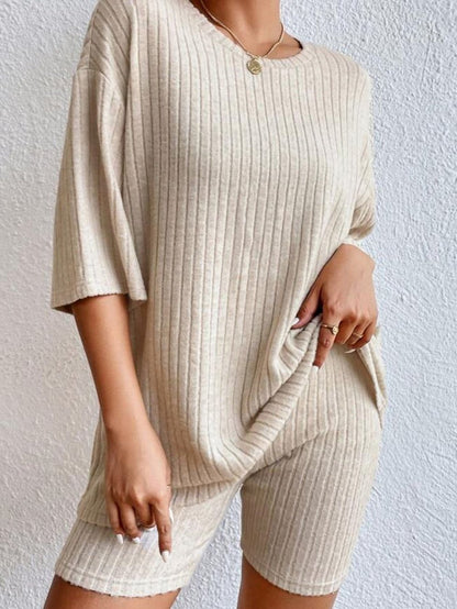 Apricot Ribbed Lounge Set with Loose Silhouette