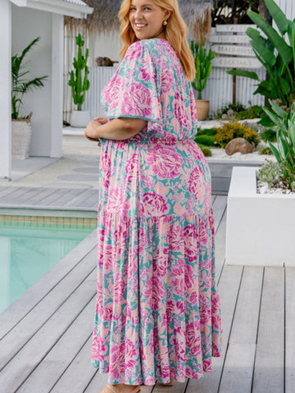 Elegant Purple Floral V Neck A-Line Maxi Dress with Ruffle Detail