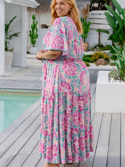 Elegant Purple Floral V Neck A-Line Maxi Dress with Ruffle Detail