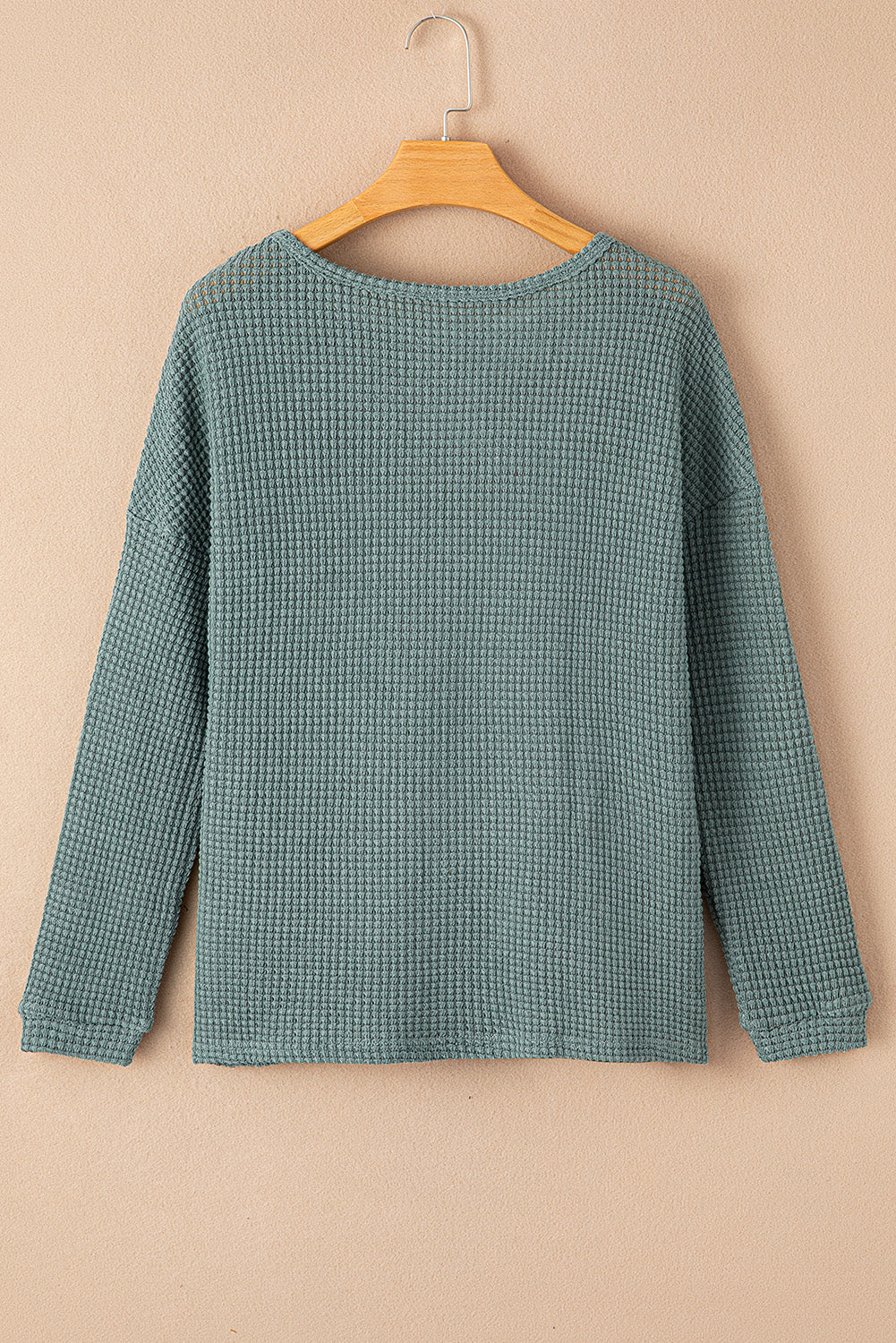 Green Waffle Knit Drop Shoulder Long Sleeve Top
