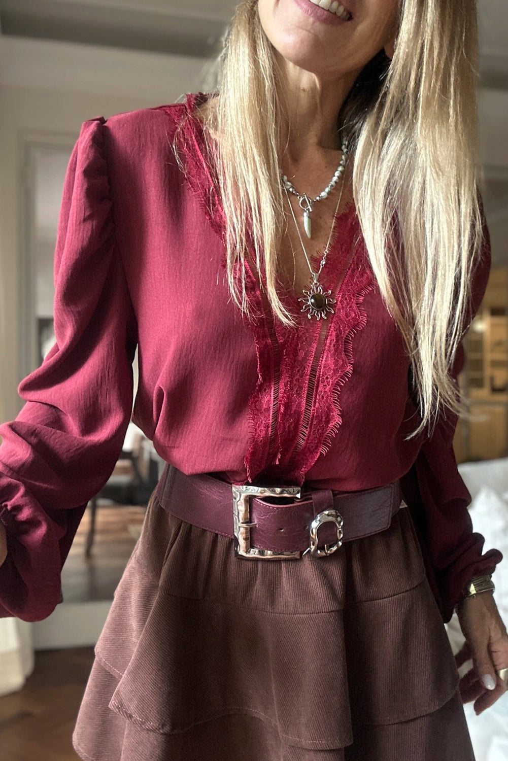 Fiery Red Eyelash Patched V Neckline Puff Sleeve Blouse