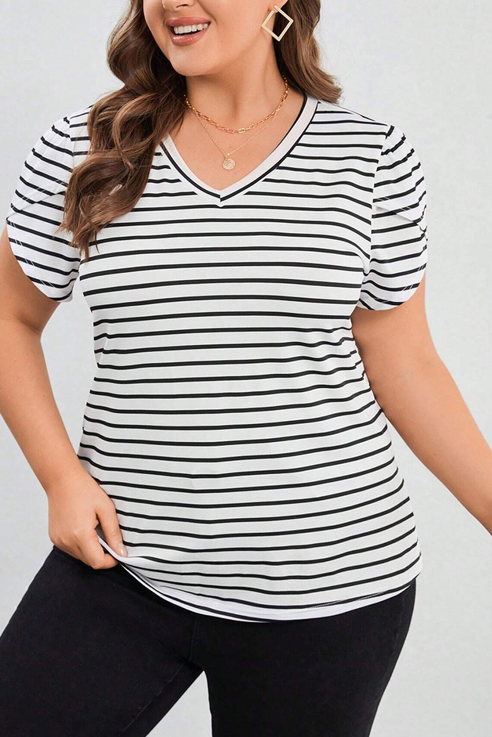 Elegant White Striped V Neck Petal Sleeve Plus Size Tee
