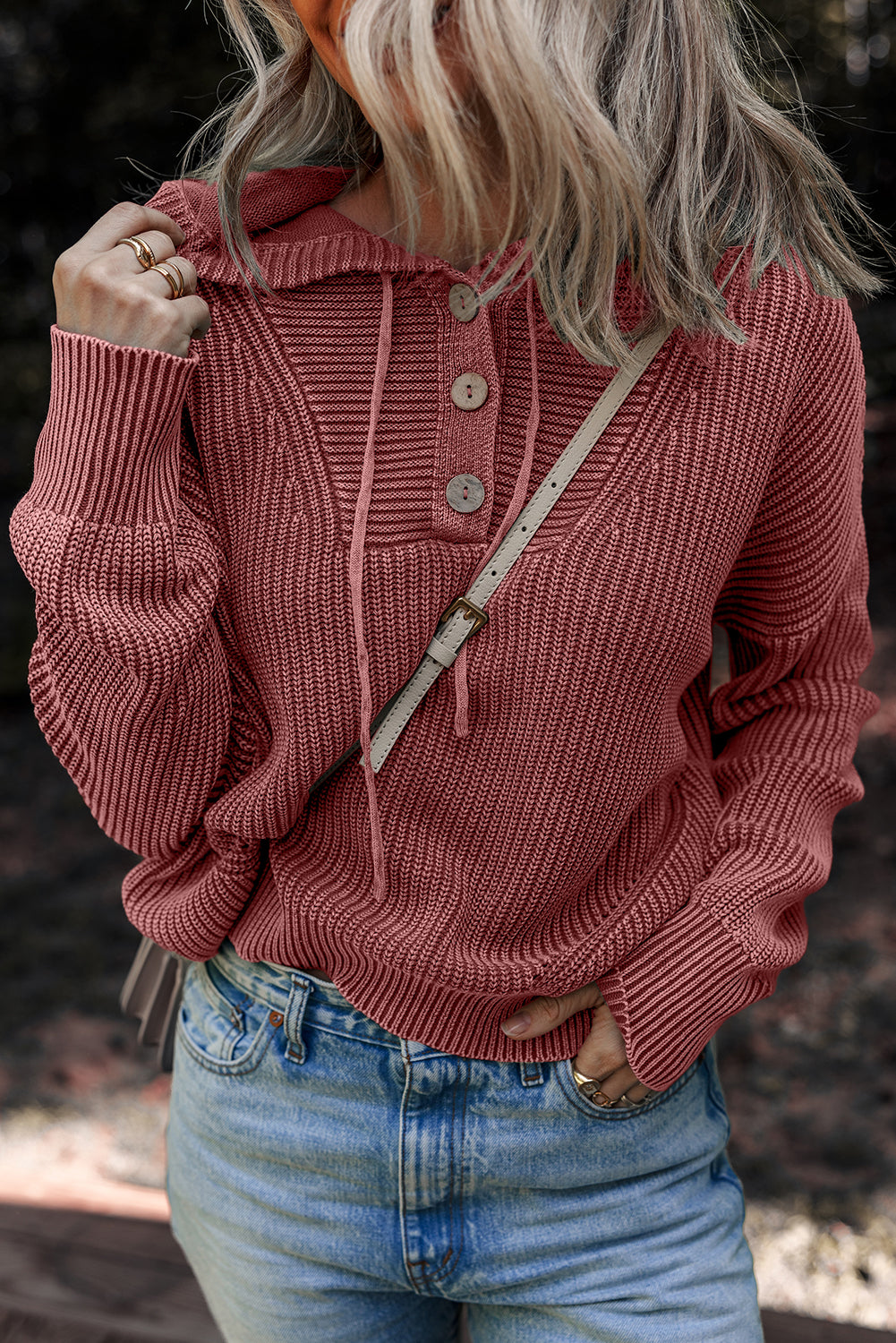 Red Dahlia Mineral Wash Ribbed Knit Button Drawstring Neck Hooded Sweater