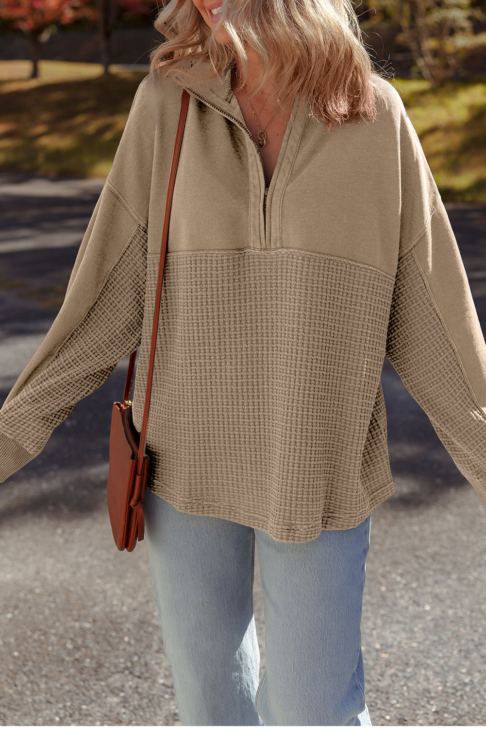 Parchment Waffle Knit Patchwork Half Zipped Casual Sweatshirt