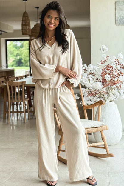 White Braided V Neck Long Sleeve Loose Top and Drawstring High Waist Pants 2pcs Outfit