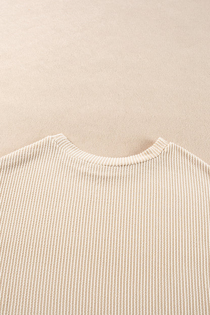 Parchment Corded Knit Long Sleeve Top and High Waist Shorts Set