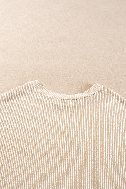 Parchment Corded Knit Long Sleeve Top and High Waist Shorts Set