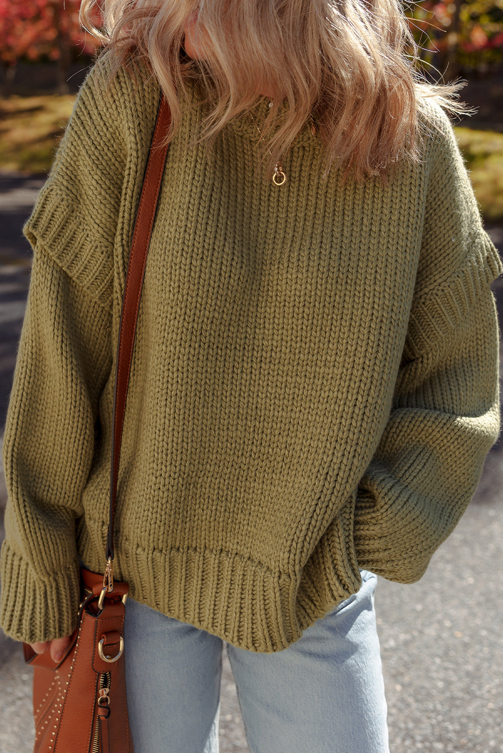 Guacamole Green Solid Color Ruffled Chunky Loose Sweater