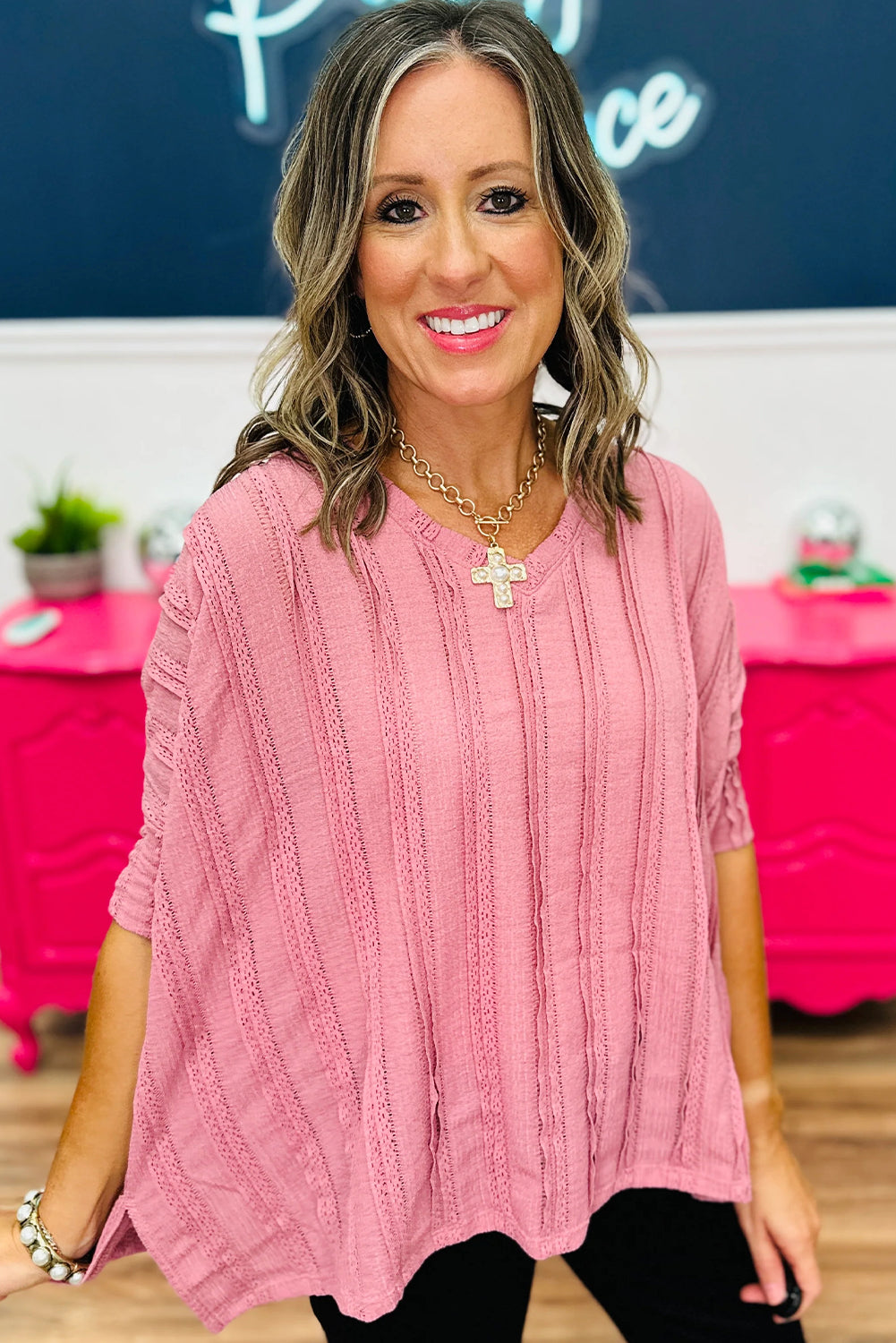 Peach Blossom Lacy Striped Texture 3/4 Sleeve Dolman Blouse