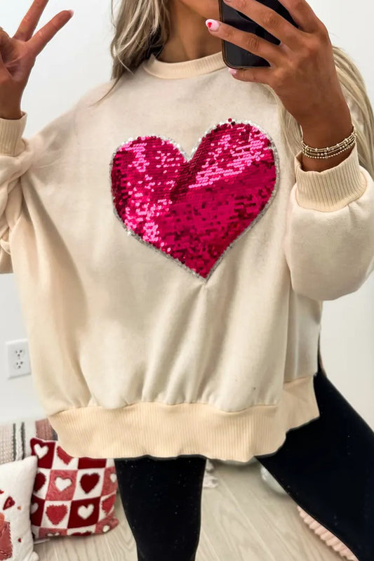 Beige Big Sequin Heart Pattern Ribbed Trim Side Slit Sweatshirt