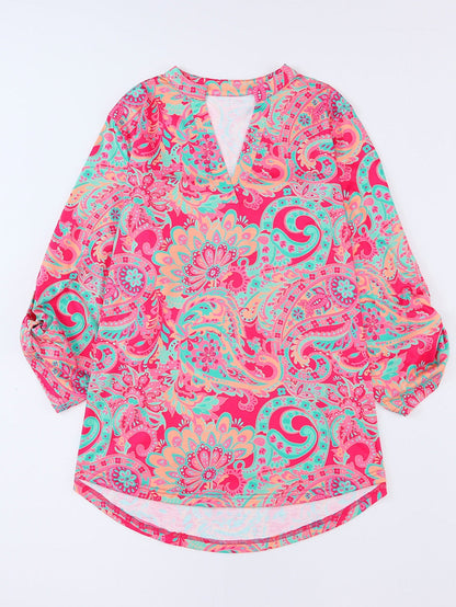Rosy Paisley Print V Neck Shift Blouse for Plus Size Comfort