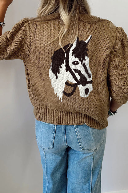 Elmwood Textured Knit Puff Sleeve Western Horse Print Pocketed Sweater Cardigan