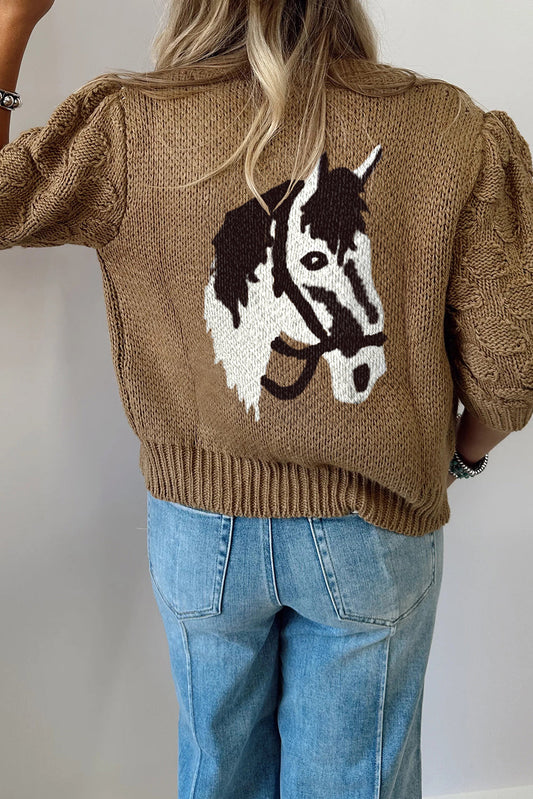 Elmwood Textured Knit Puff Sleeve Western Horse Print Pocketed Sweater Cardigan