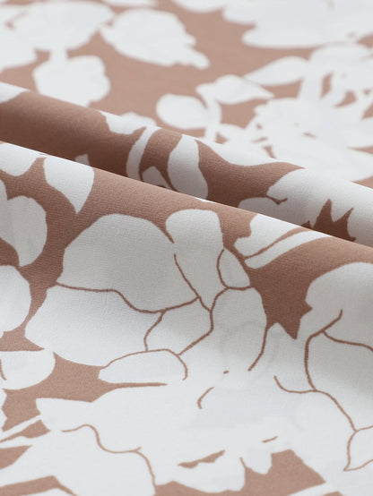 French Beige Floral Print Ruffle Neckline Flounce Sleeve Top