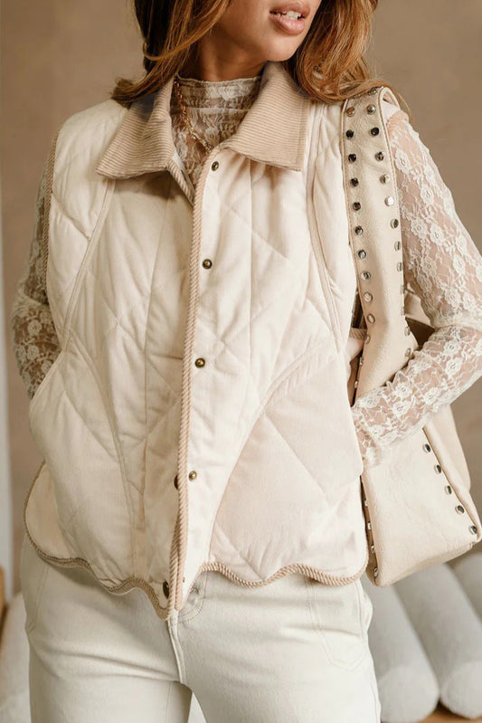 White Quilted Texture Corduroy Trim Contrast Collar Patchwork Vest