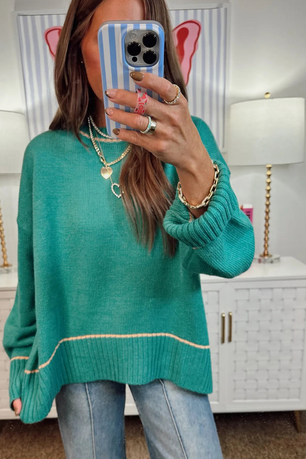 Sea Green Contrast Detail Drop Shoulder Baggy Sweater
