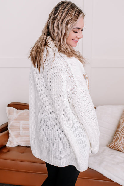 White Plus Size Turtleneck Geometric Pattern Knit Drop Shoulder Sweater