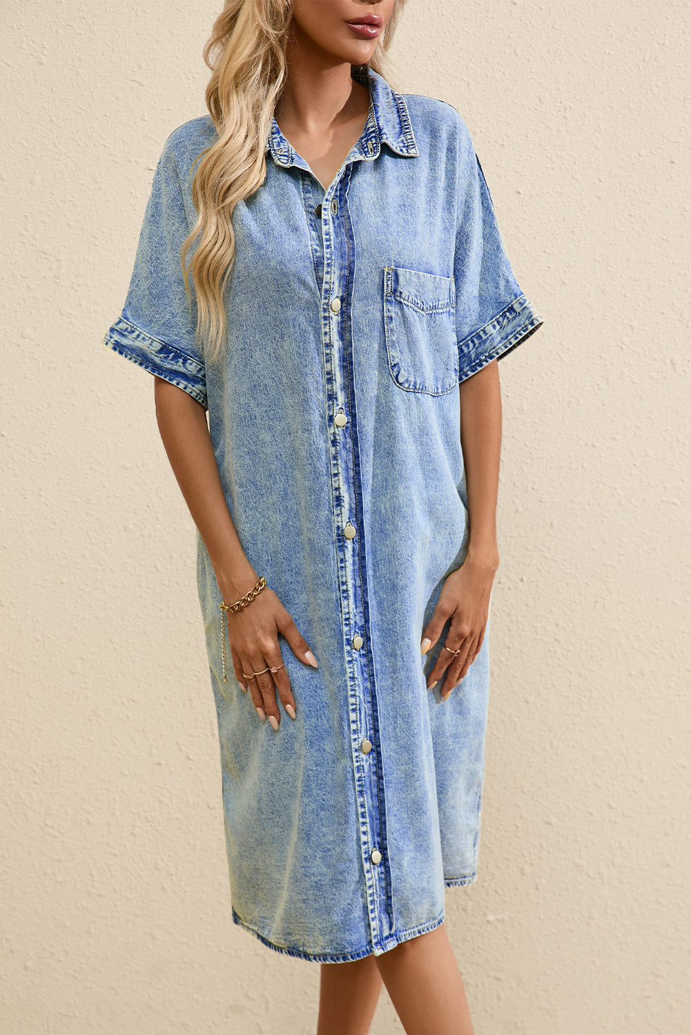 Denim Shirt Dress with Button Pockets