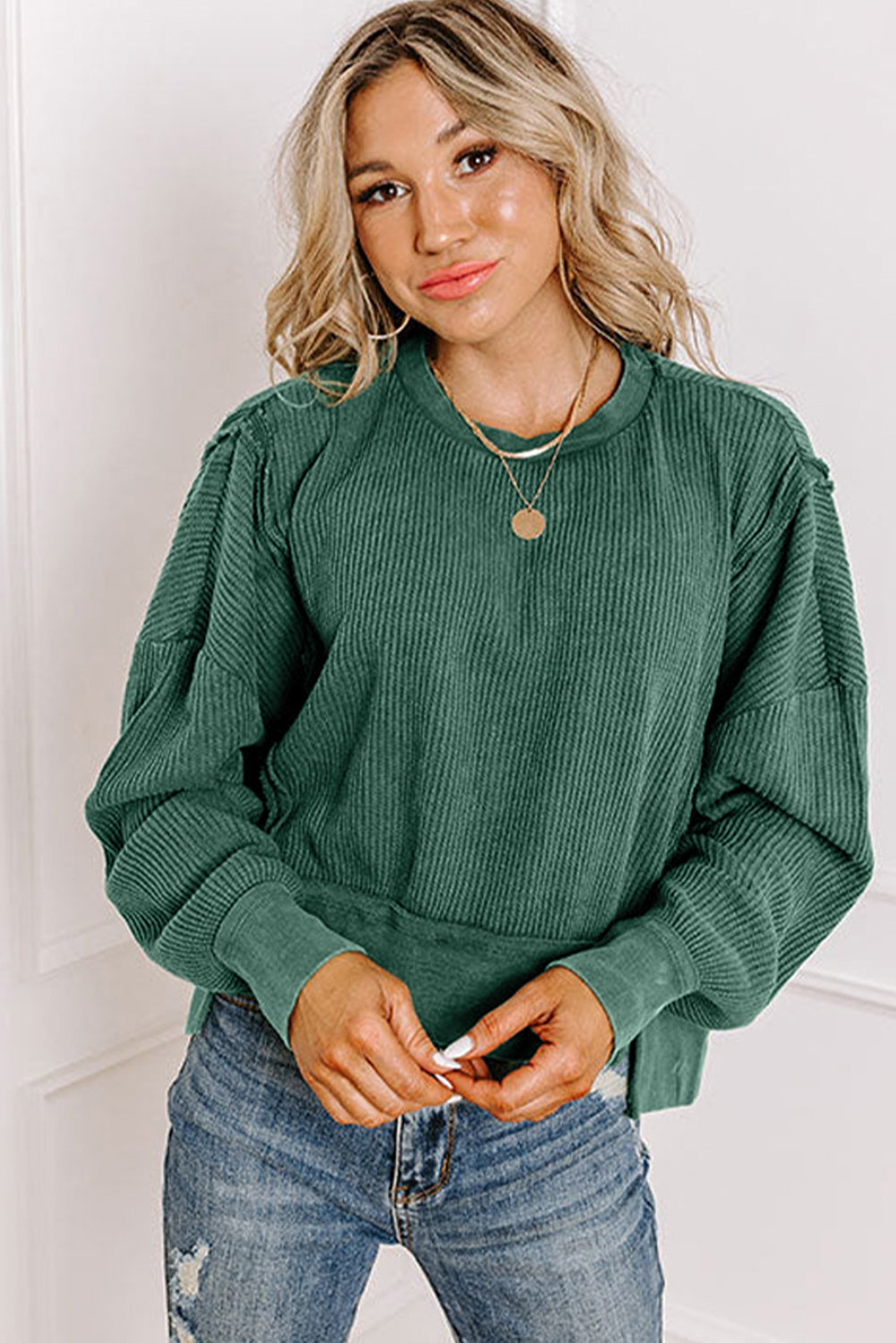 Evergreen Solid Color Raw Seam Patchwork Ribbed Drop Shoulder Sweatshirt