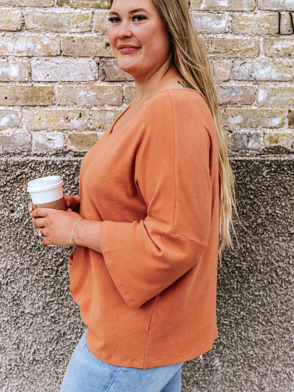 Gold Flame Plus Size Twist Hem Bracelet Sleeve Ribbed Top