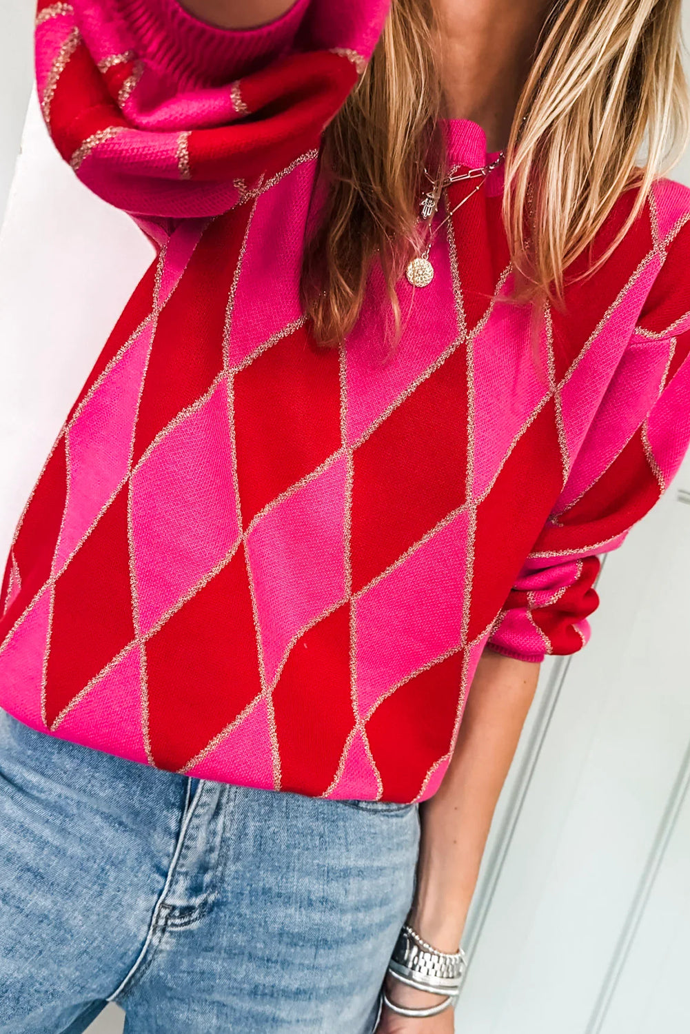 Rose Red Glitter Rhombus Pattern Knit Womens Casual Sweater