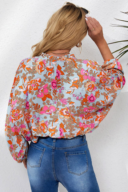 Elegant Floral Ruched V Neck Bohemian Blouse