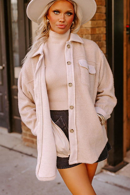 Parchment Solid Flap Pocket Buttoned Front Rounded Hem Casual Shacket