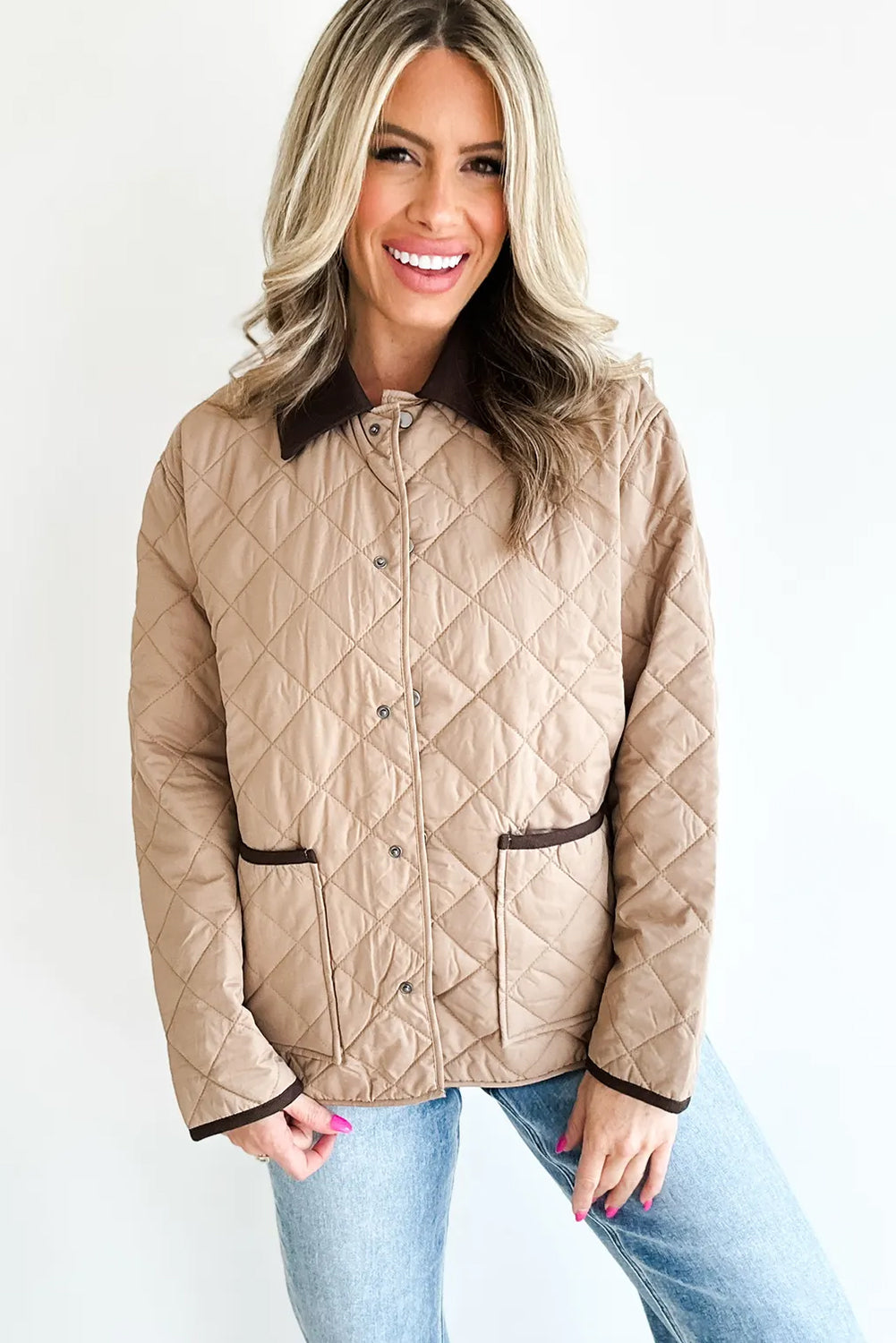 Parchment Snap Button Quilted Color Block Collar Pocketed Winter Jacket