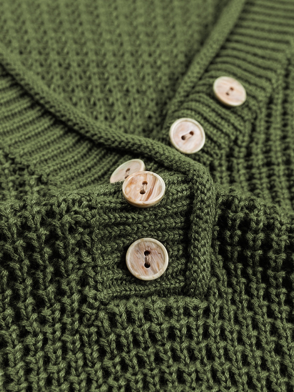 Green Buttoned V Neck Drop Shoulder Sweater with Pointelle Knit