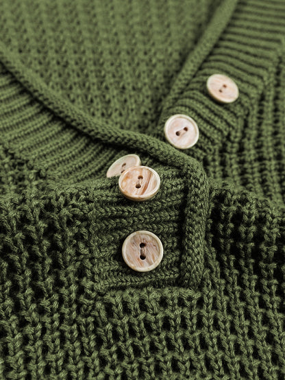 Green Buttoned V Neck Drop Shoulder Sweater with Pointelle Knit