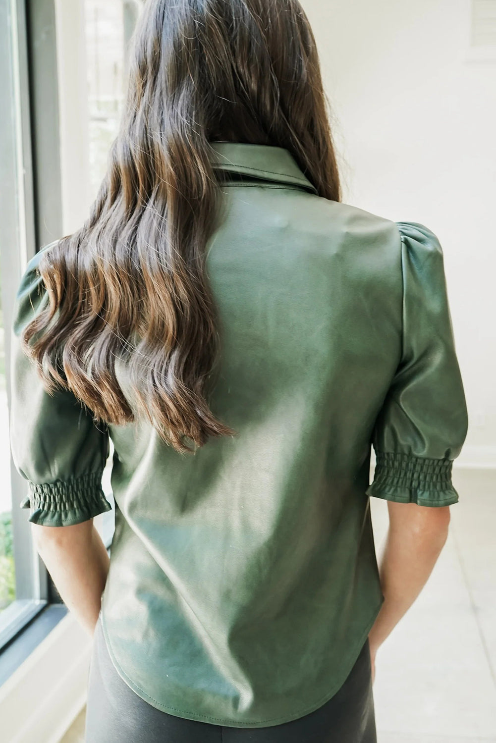 Evergreen Solid Color Faux Suede Button Down Frilled Short Sleeve Shirt