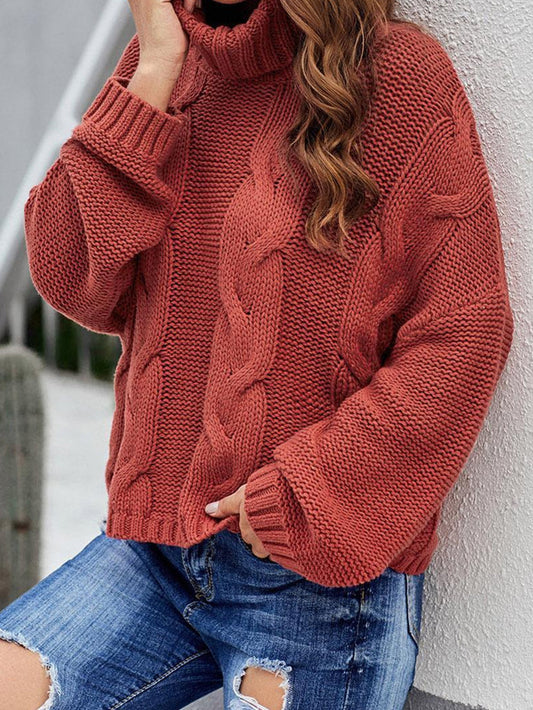 Fiery Red Handmade Cable Knit Turtleneck Sweater for Cozy Winter Days
